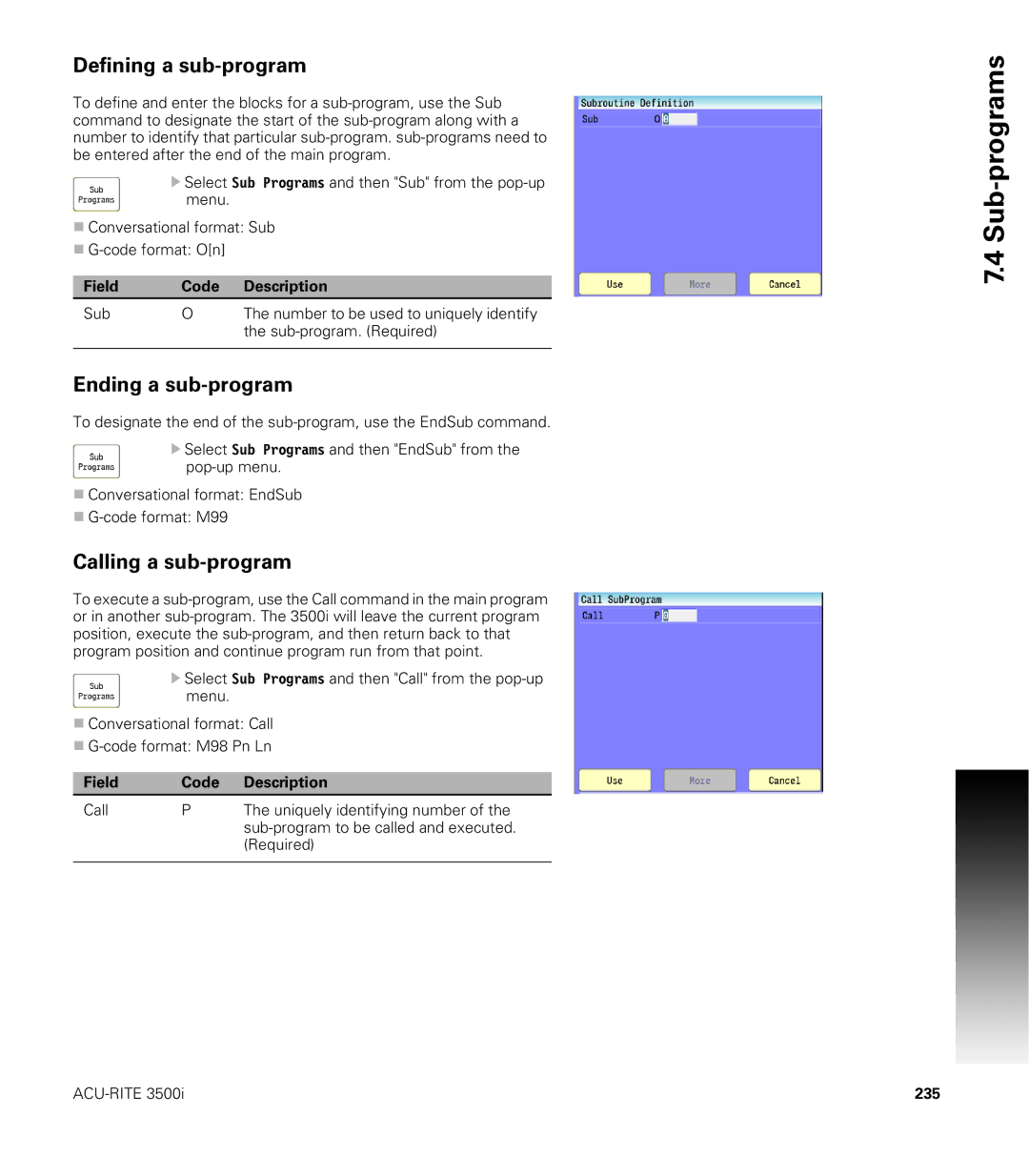 Acu-Rite CNC 3500i user manual Defining a sub-program, Ending a sub-program, Calling a sub-program, 235 