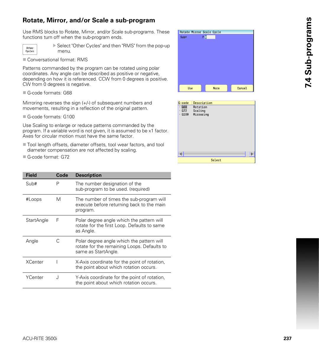 Acu-Rite CNC 3500i user manual Rotate, Mirror, and/or Scale a sub-program, 237 