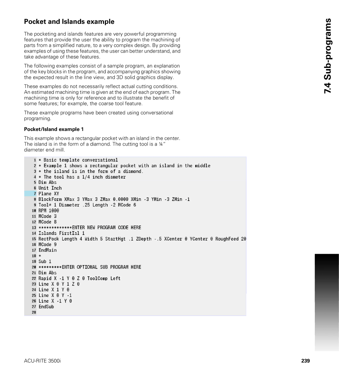 Acu-Rite CNC 3500i user manual Pocket and Islands example, Pocket/Island example, 239 