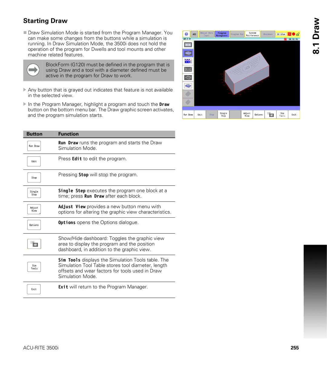 Acu-Rite CNC 3500i user manual Starting Draw, 255 