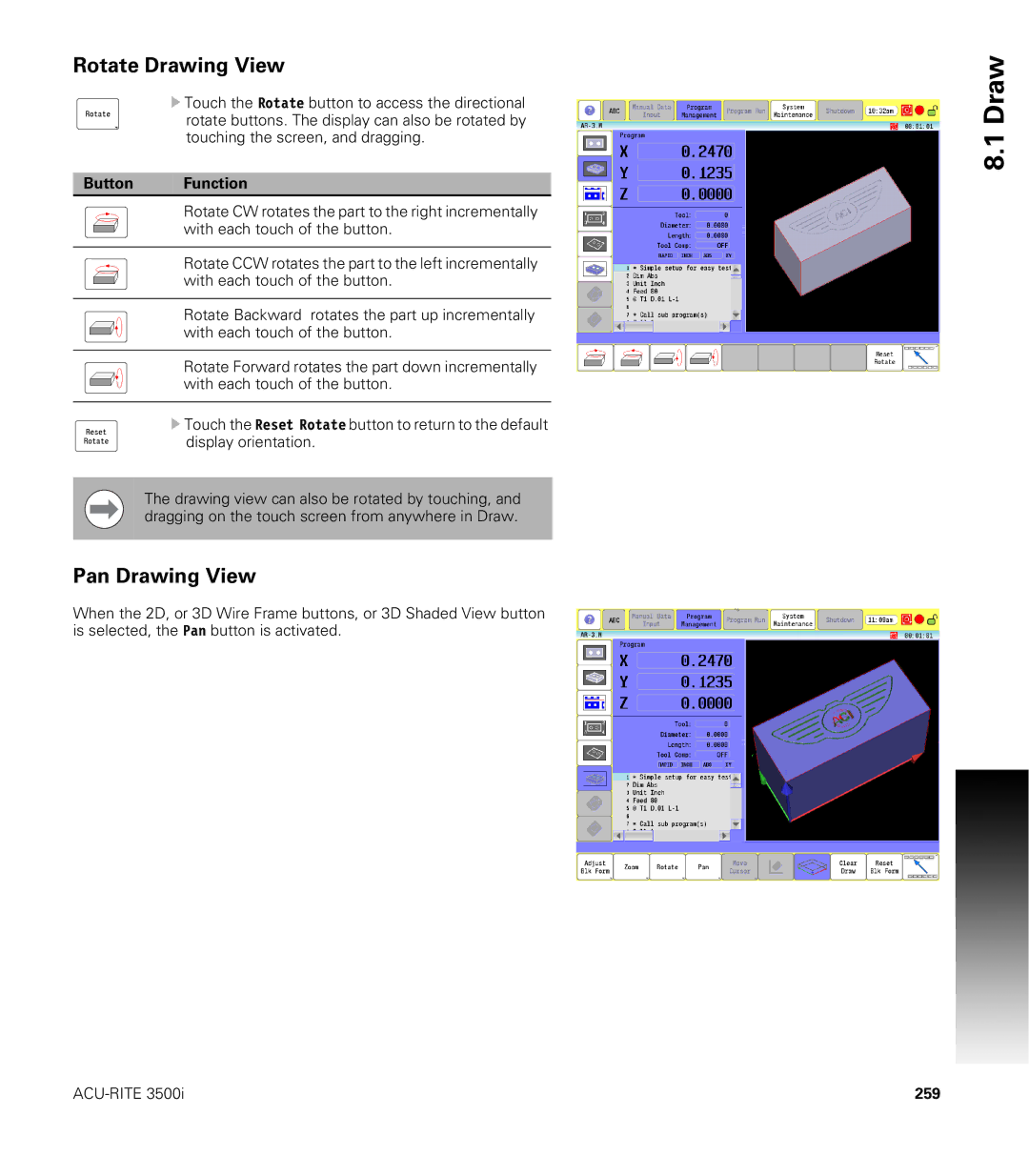 Acu-Rite CNC 3500i user manual Rotate Drawing View, Pan Drawing View, 259 