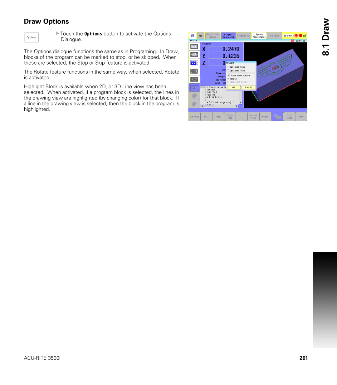 Acu-Rite CNC 3500i user manual Draw Options, 261 