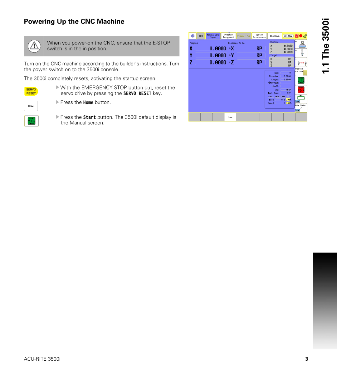 Acu-Rite CNC 3500i user manual Powering Up the CNC Machine 