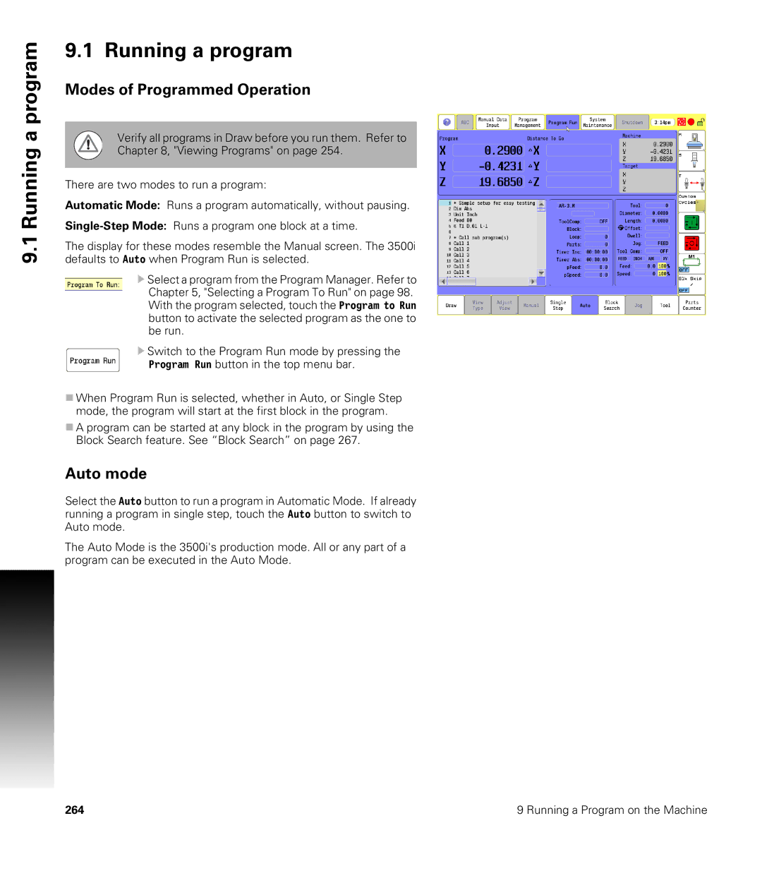 Acu-Rite CNC 3500i user manual Running a program, Modes of Programmed Operation, Auto mode 