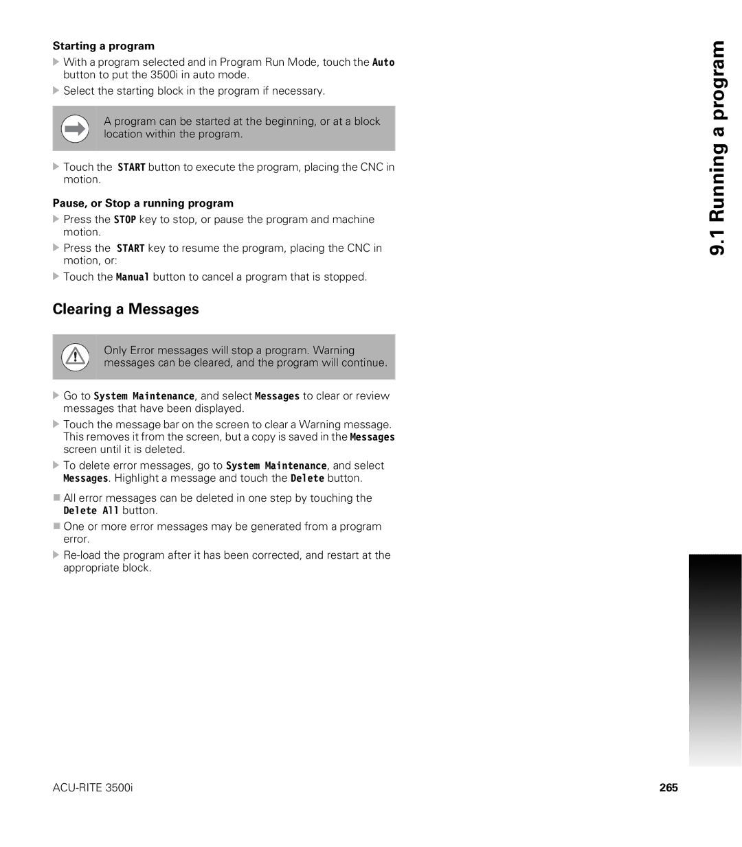 Acu-Rite CNC 3500i user manual Clearing a Messages, Starting a program, Pause, or Stop a running program, 265 