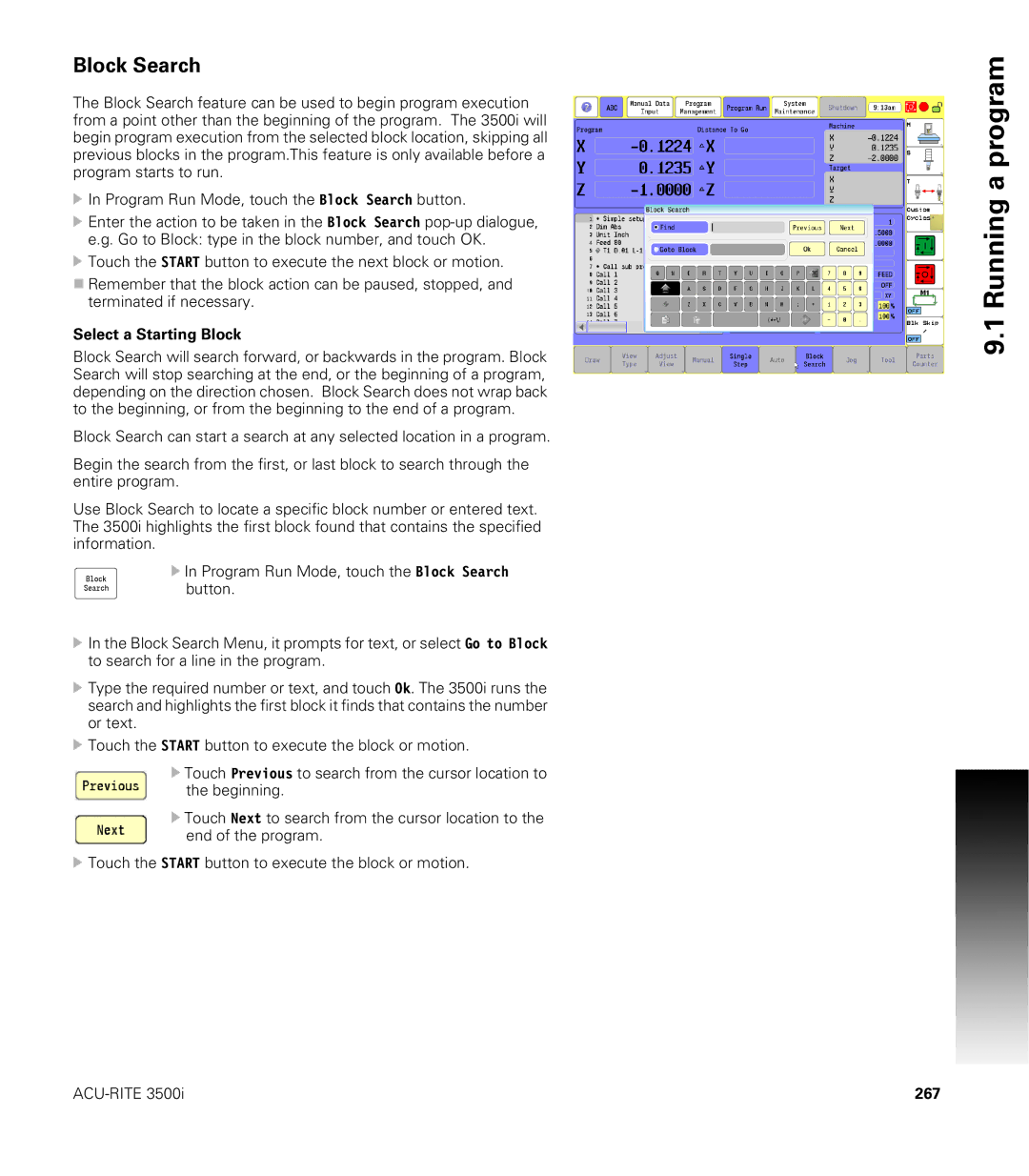 Acu-Rite CNC 3500i user manual Block Search, Select a Starting Block, 267 