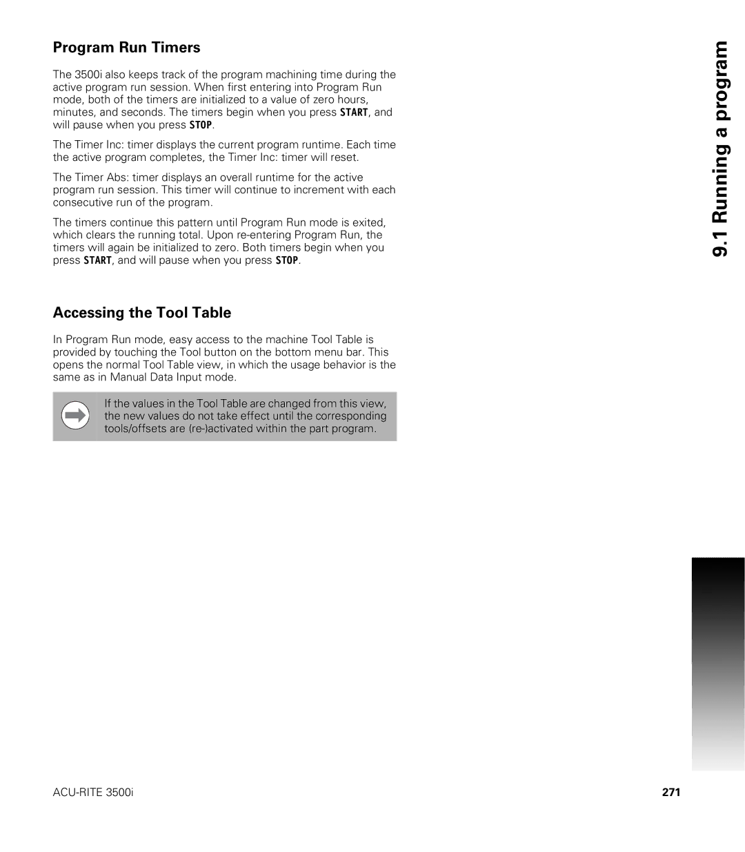 Acu-Rite CNC 3500i user manual Program Run Timers, Accessing the Tool Table, 271 