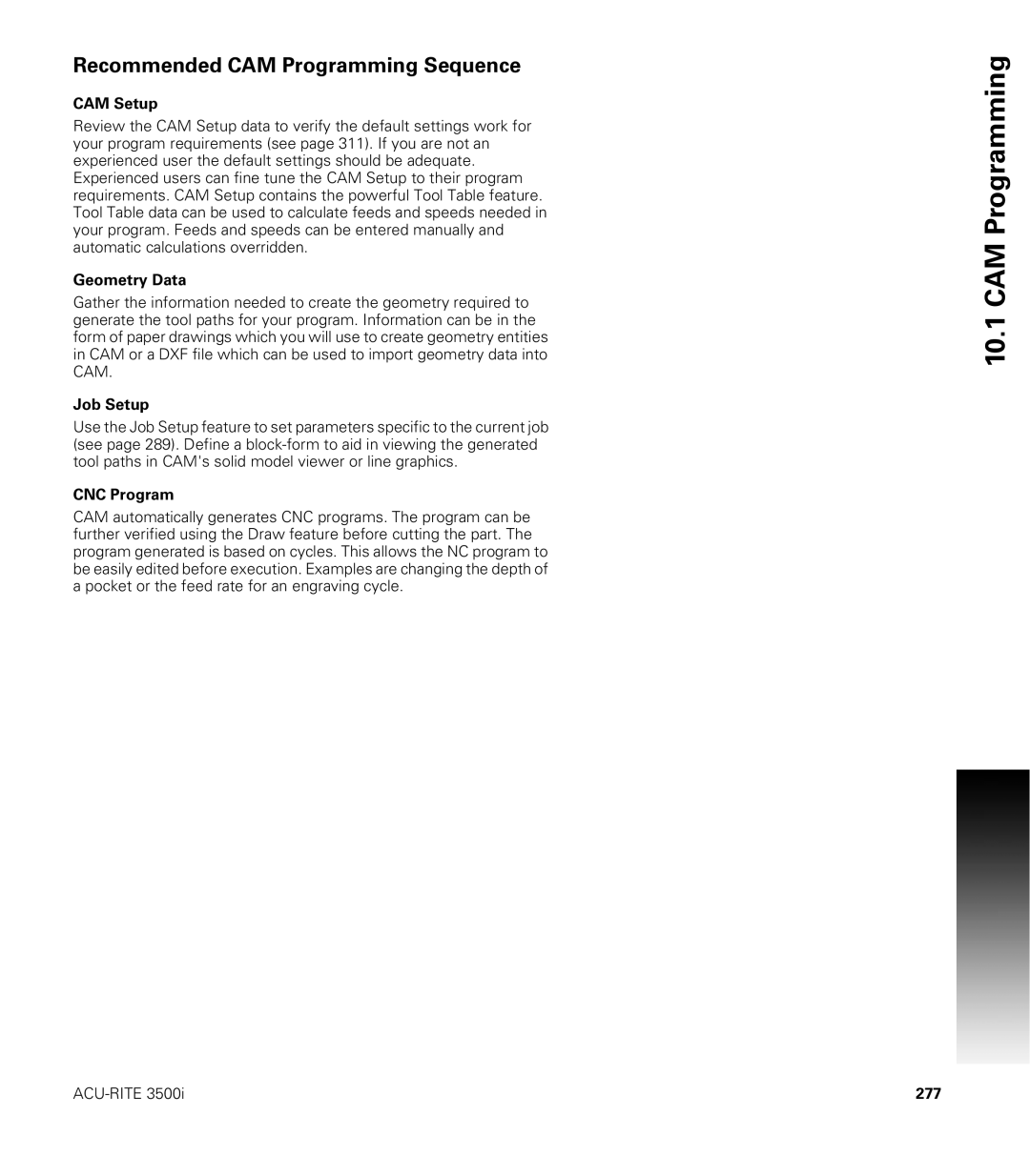 Acu-Rite CNC 3500i user manual Recommended CAM Programming Sequence 