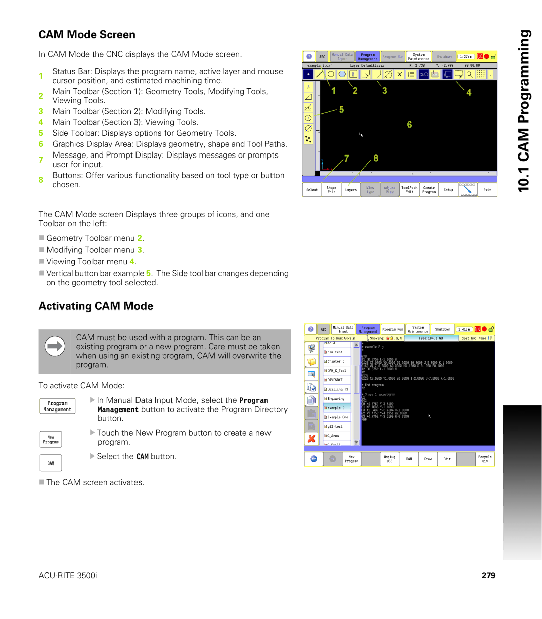 Acu-Rite CNC 3500i user manual CAM Mode Screen, Activating CAM Mode, 279 