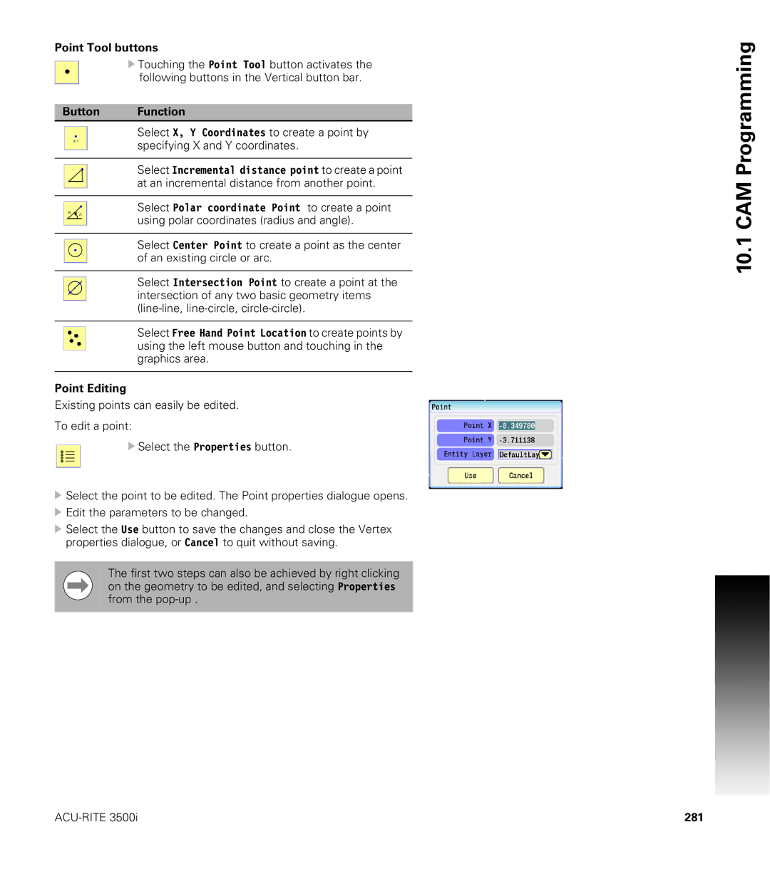 Acu-Rite CNC 3500i user manual Point Tool buttons, Point Editing, 281 