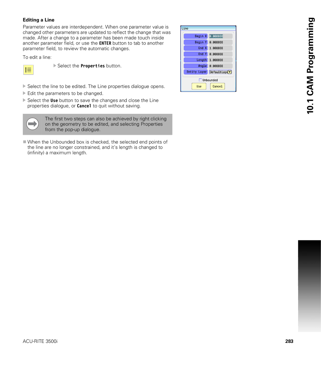 Acu-Rite CNC 3500i user manual Editing a Line, 283 