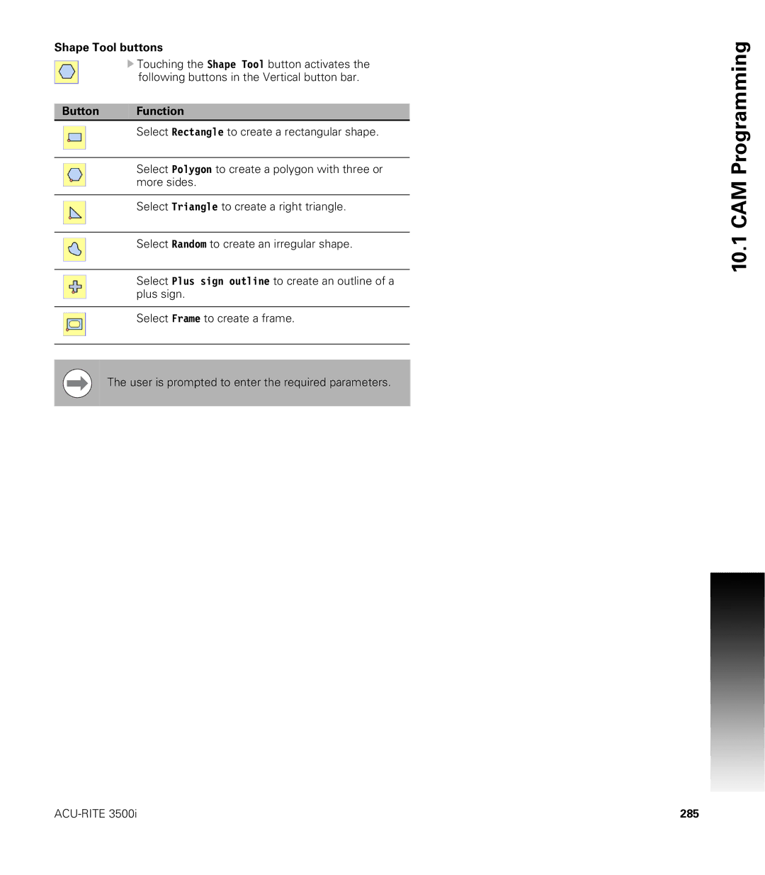 Acu-Rite CNC 3500i user manual Shape Tool buttons, 285 