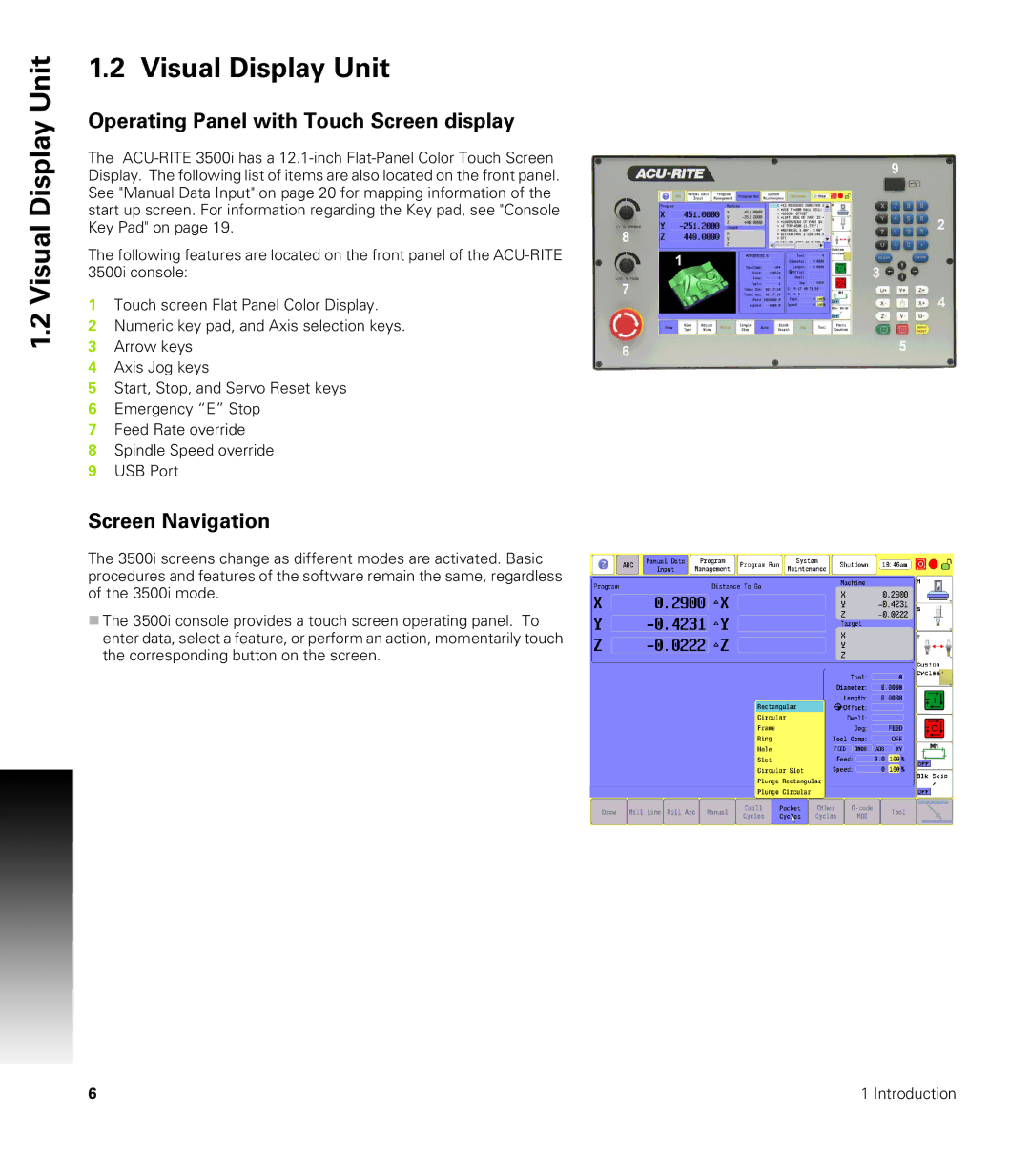 Acu-Rite CNC 3500i user manual Visual Display Unit, Operating Panel with Touch Screen display, Screen Navigation 