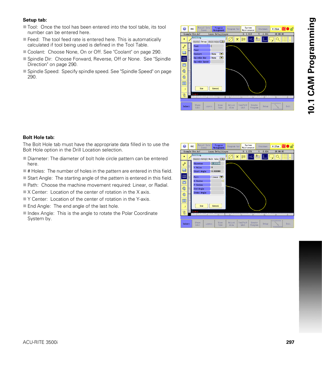 Acu-Rite CNC 3500i user manual Setup tab, Bolt Hole tab, 297 