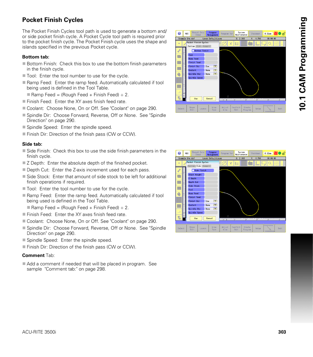 Acu-Rite CNC 3500i user manual Pocket Finish Cycles, Bottom tab, Side tab, 303 