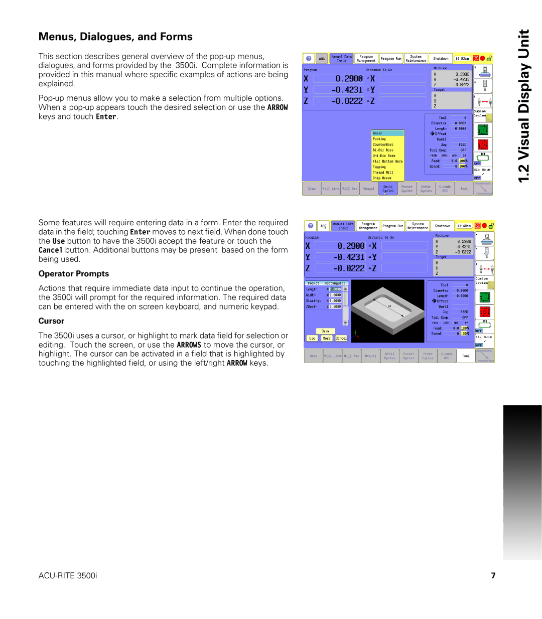 Acu-Rite CNC 3500i user manual Menus, Dialogues, and Forms, Operator Prompts, Cursor 