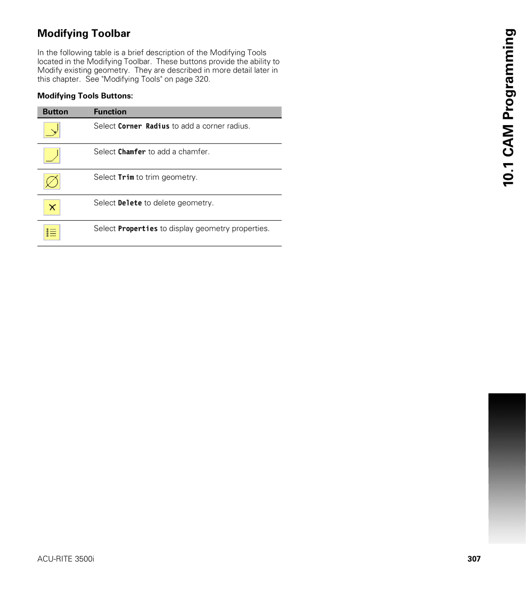Acu-Rite CNC 3500i user manual Modifying Toolbar, Modifying Tools Buttons Button Function, 307 
