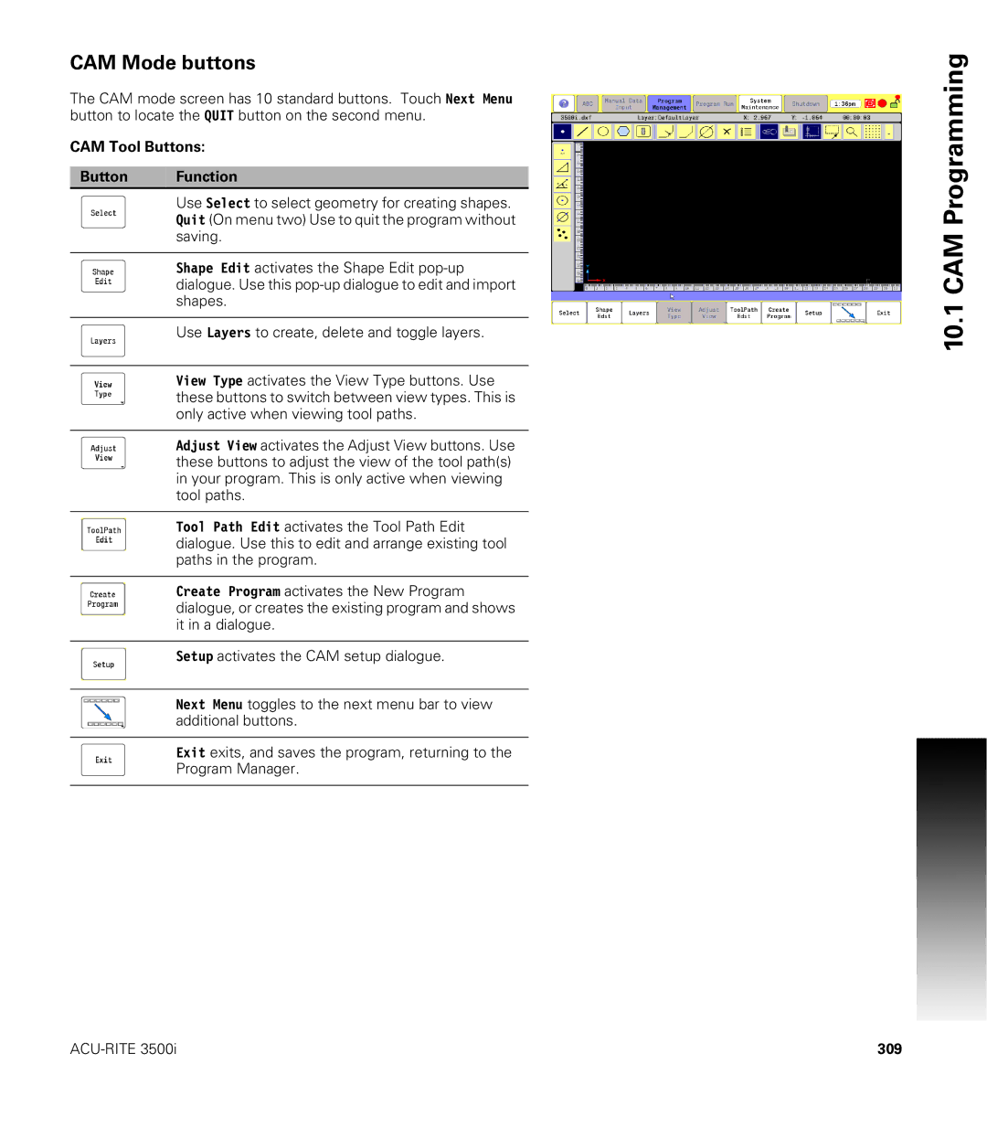 Acu-Rite CNC 3500i user manual CAM Mode buttons, CAM Tool Buttons Button Function, 309 