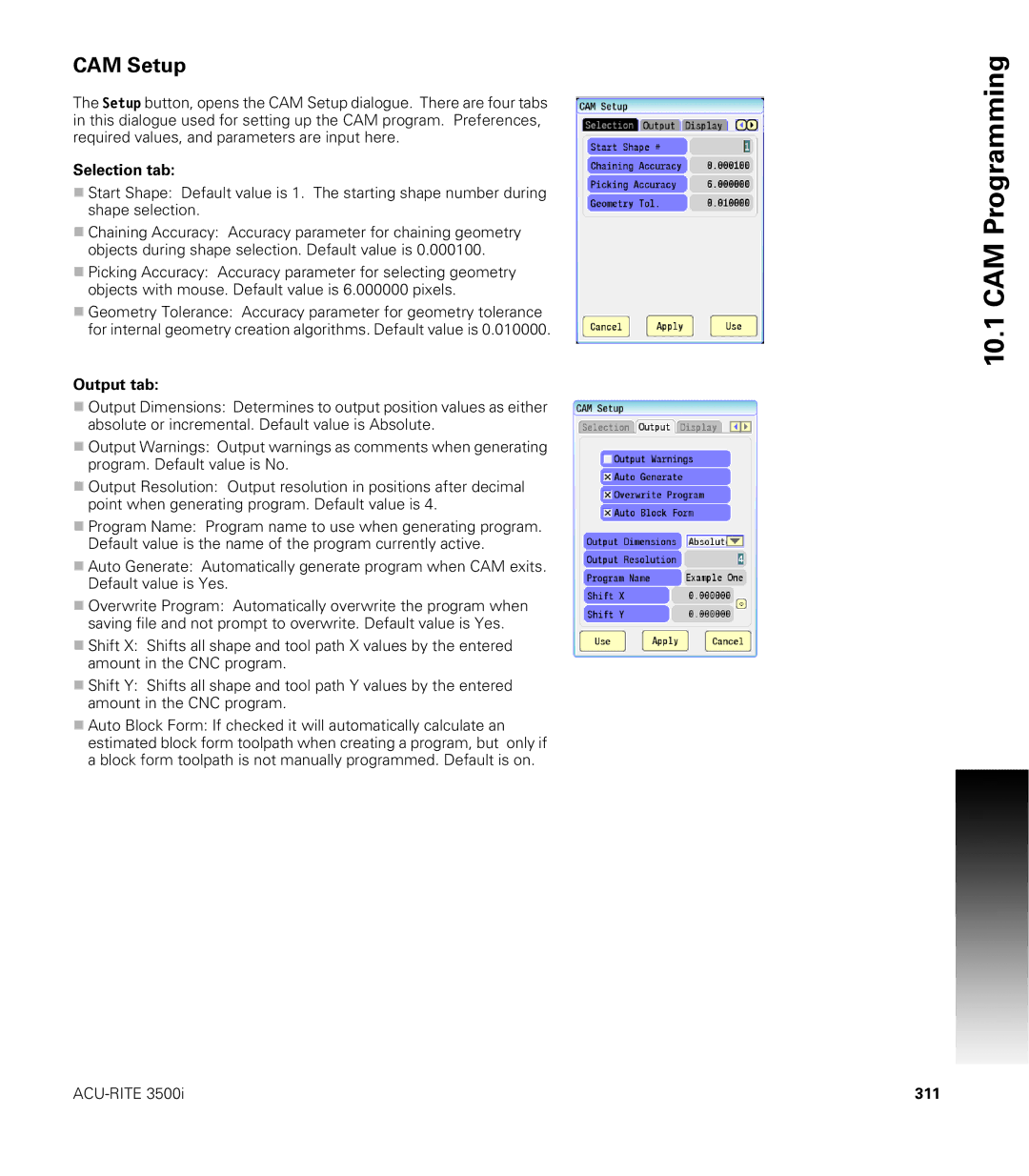 Acu-Rite CNC 3500i user manual CAM Setup, Selection tab, Output tab, 311 