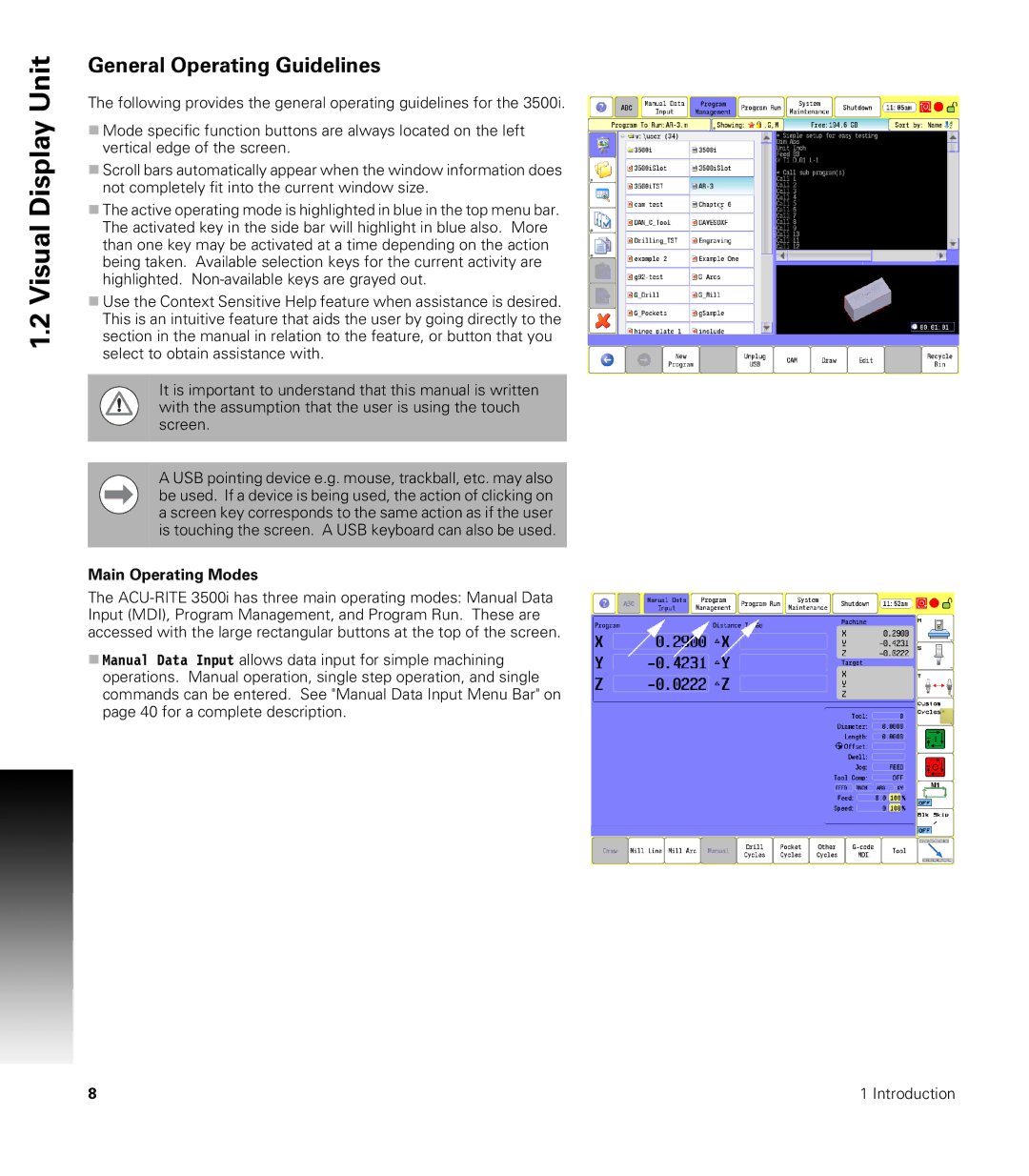 Acu-Rite CNC 3500i user manual General Operating Guidelines, Main Operating Modes 