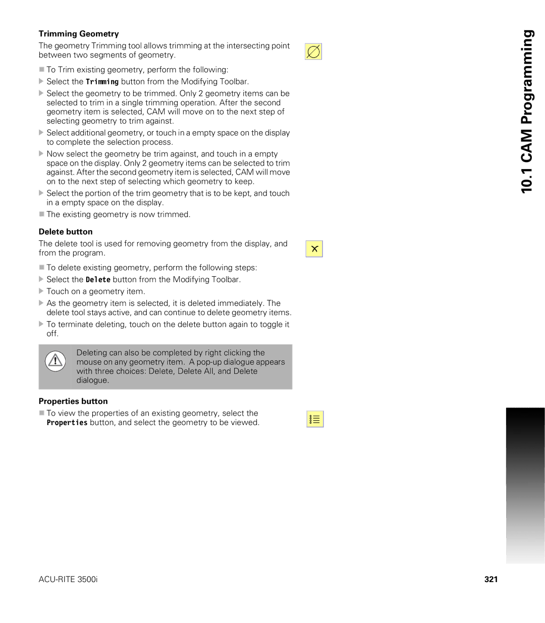 Acu-Rite CNC 3500i user manual Trimming Geometry, Delete button, Properties button, 321 