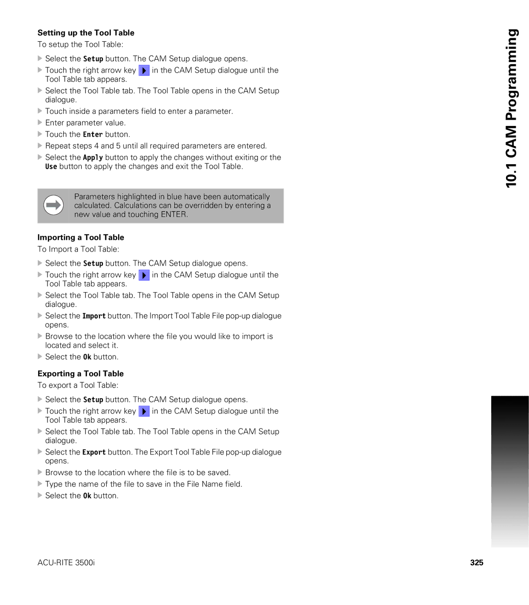 Acu-Rite CNC 3500i user manual Setting up the Tool Table, Importing a Tool Table, Exporting a Tool Table, 325 