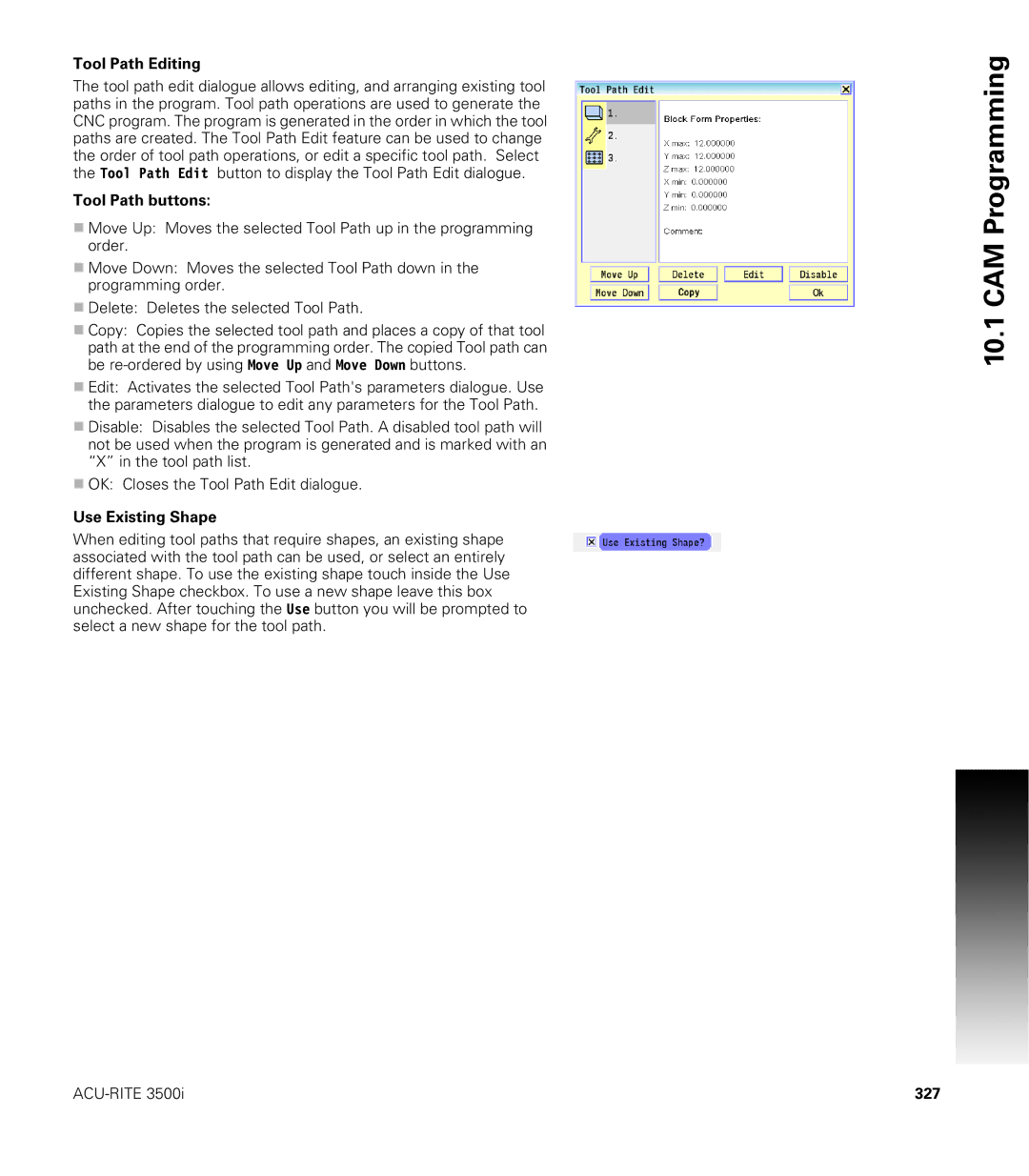 Acu-Rite CNC 3500i user manual Tool Path Editing, Use Existing Shape, 327 