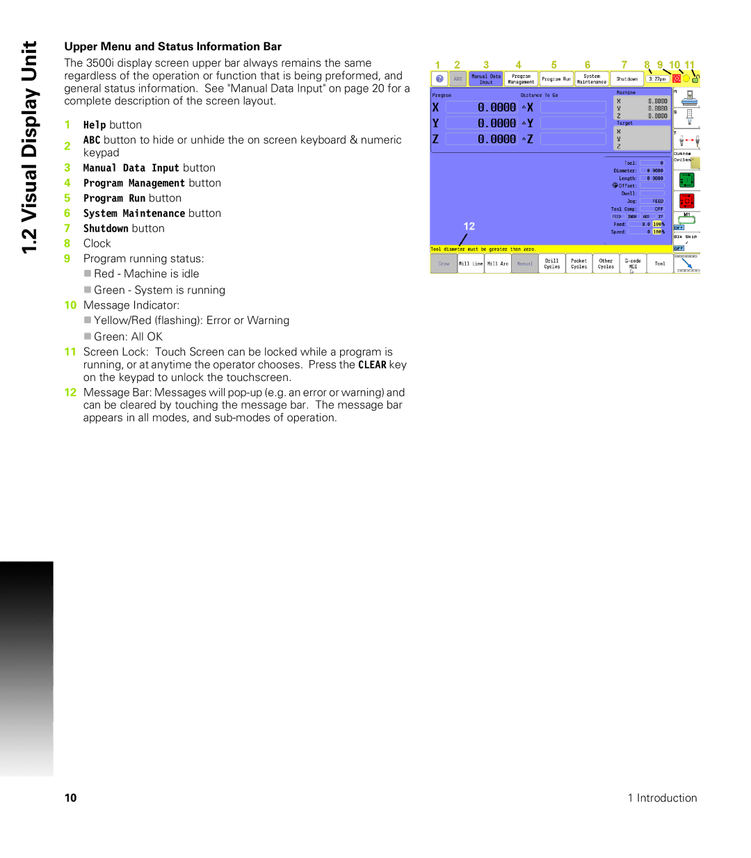 Acu-Rite CNC 3500i user manual Display Unit, Visual, Upper Menu and Status Information Bar 