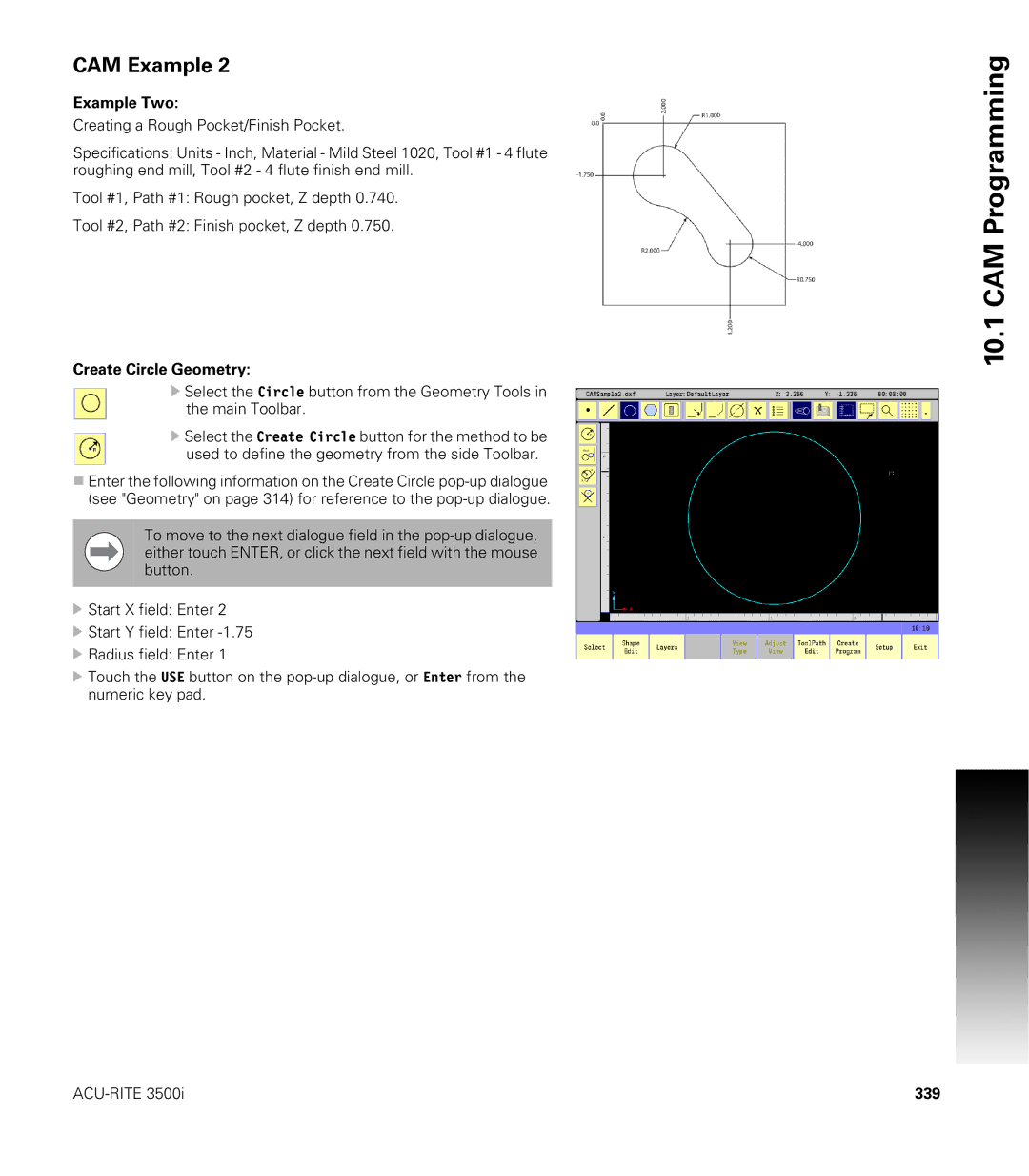 Acu-Rite CNC 3500i user manual Example Two, Create Circle Geometry, 339 