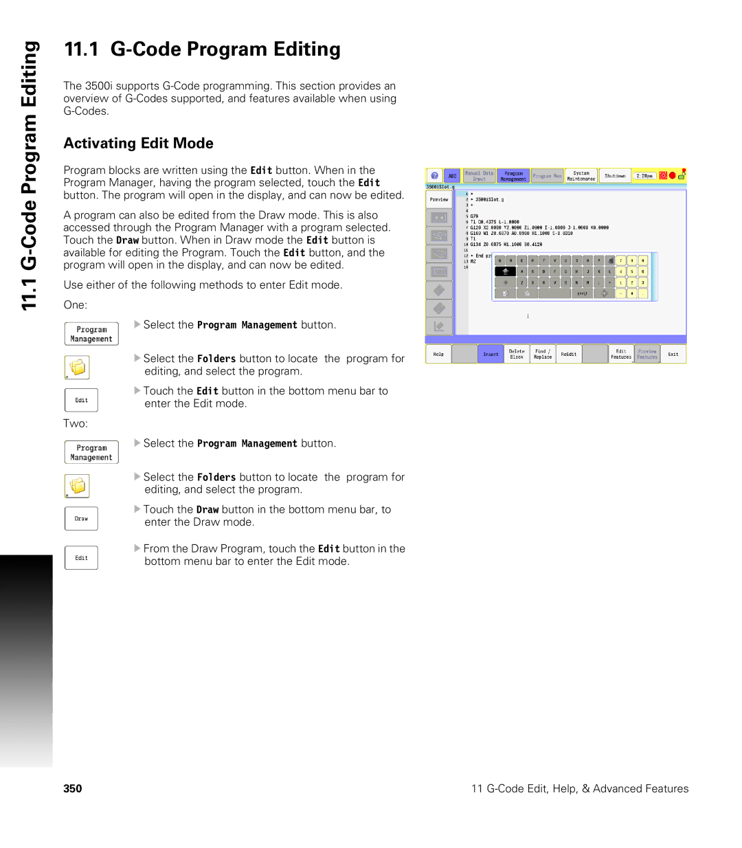 Acu-Rite CNC 3500i user manual Code Program Editing, Activating Edit Mode 