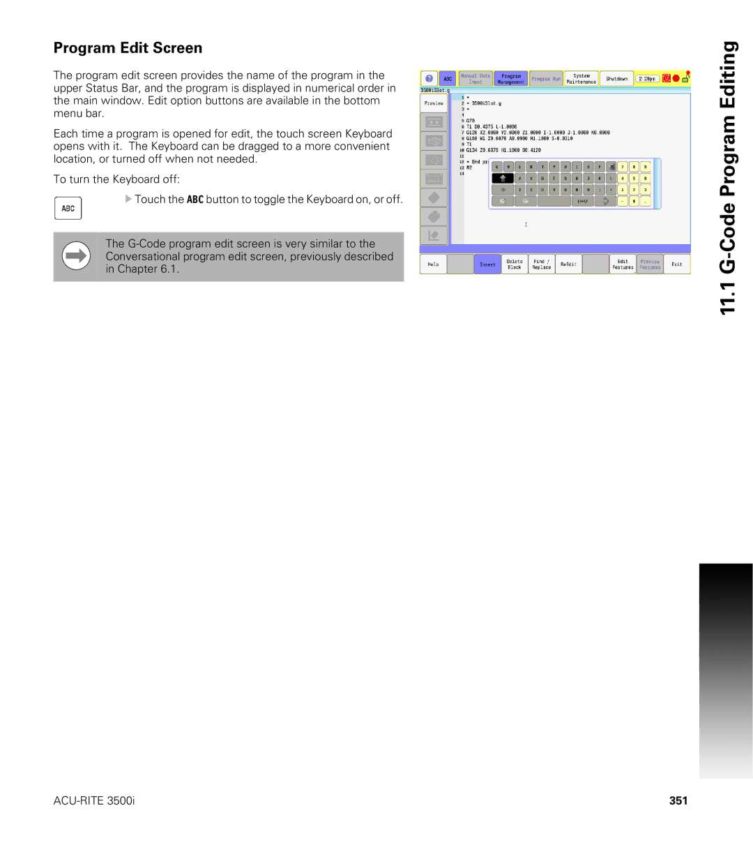 Acu-Rite CNC 3500i user manual Program Edit Screen, 351 