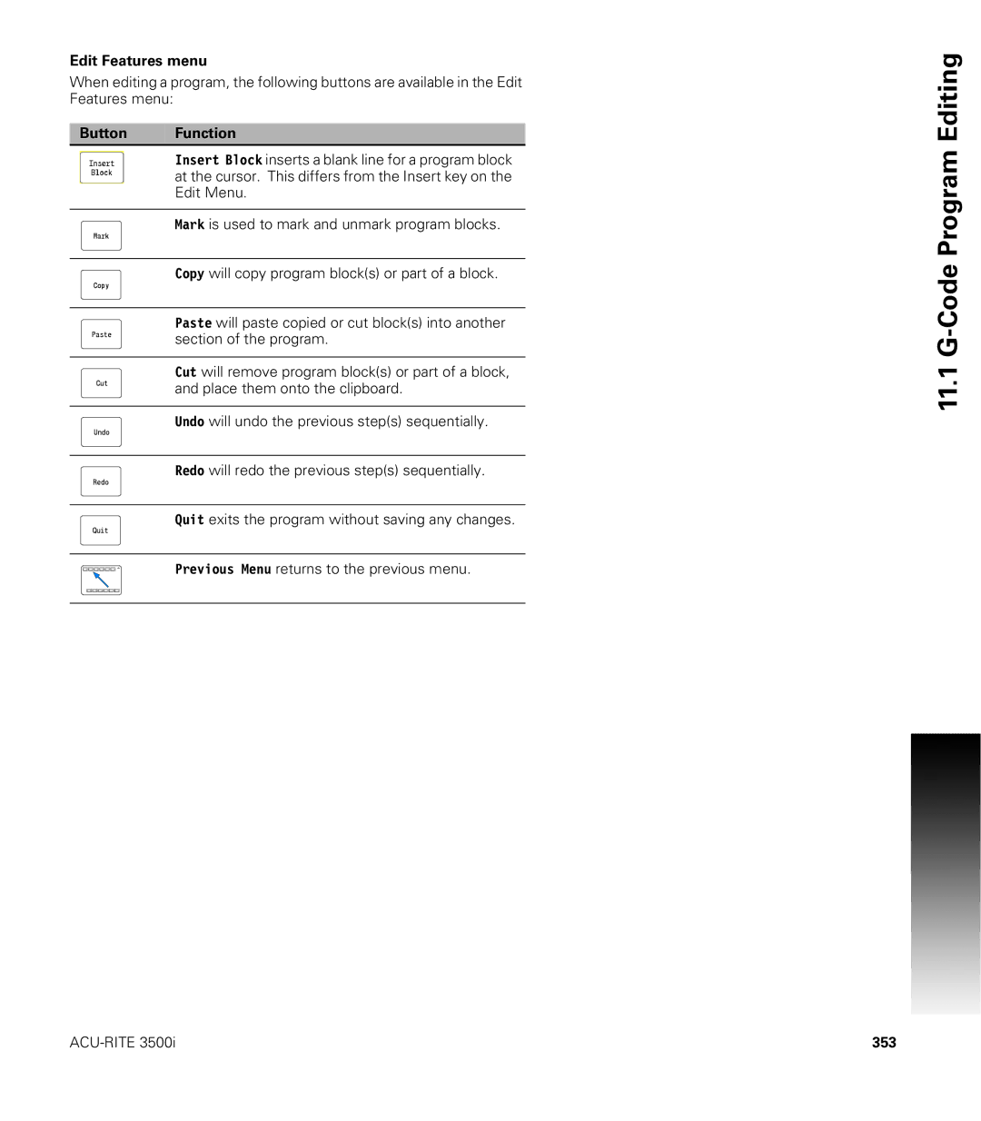 Acu-Rite CNC 3500i user manual Edit Features menu, 353 