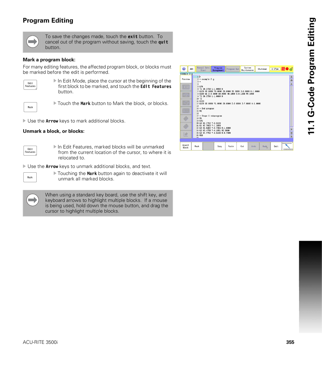 Acu-Rite CNC 3500i user manual Program Editing, 355 