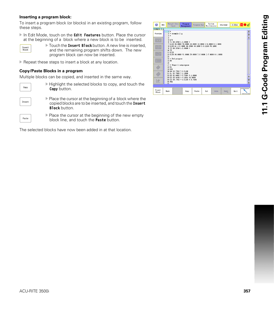 Acu-Rite CNC 3500i user manual Inserting a program block, 357 