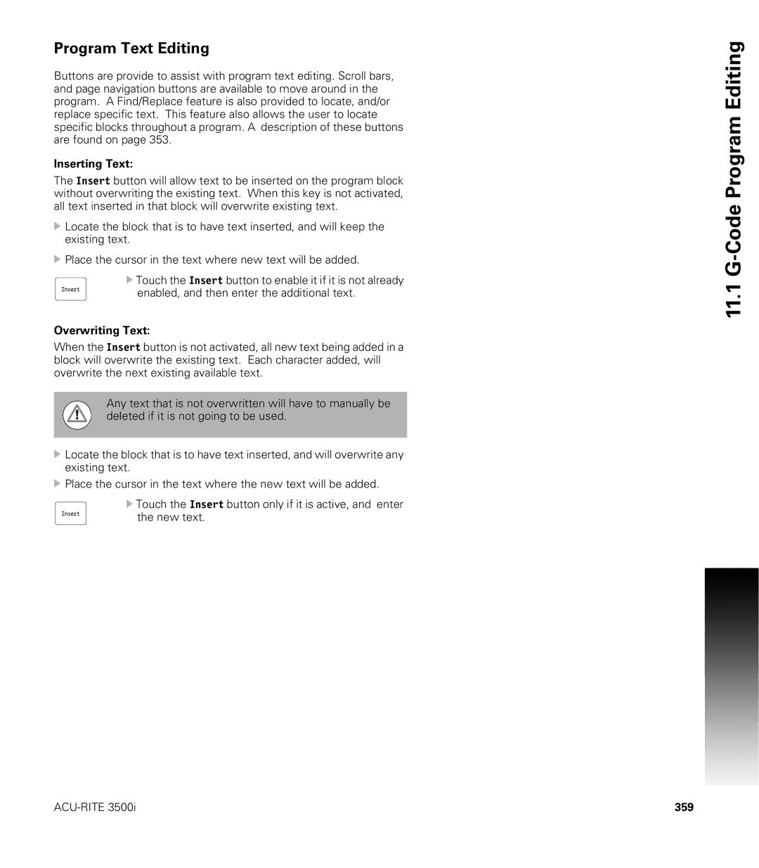 Acu-Rite CNC 3500i user manual Inserting Text, Overwriting Text, 359 