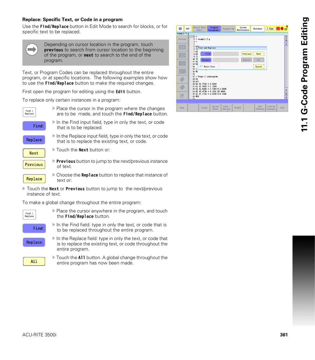 Acu-Rite CNC 3500i user manual Replace Specific Text, or Code in a program, 361 