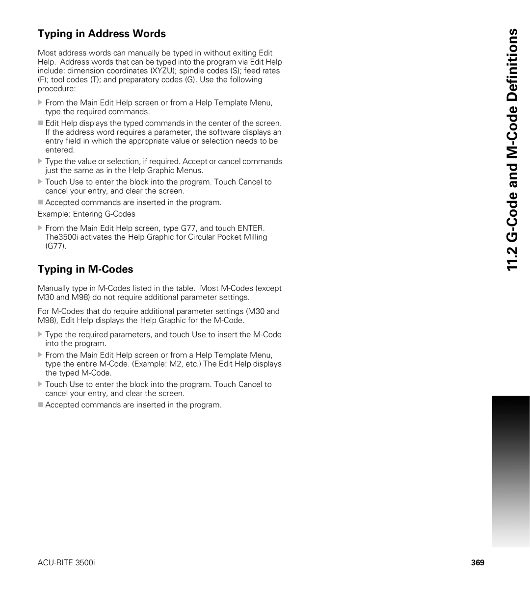 Acu-Rite CNC 3500i user manual Typing in Address Words, Typing in M-Codes, 369 