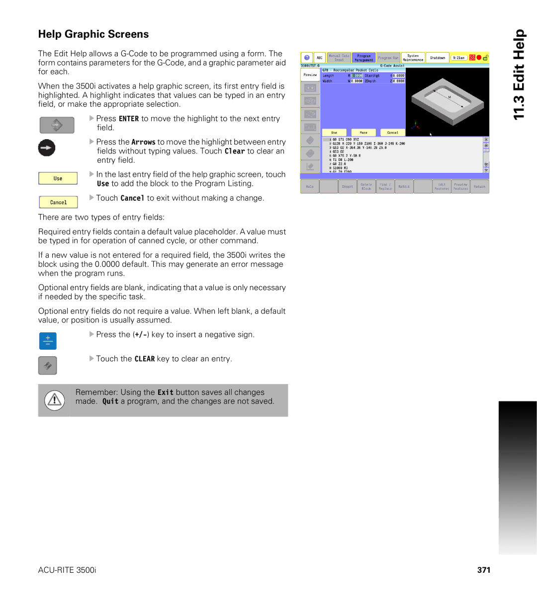 Acu-Rite CNC 3500i user manual Help Graphic Screens, 371 