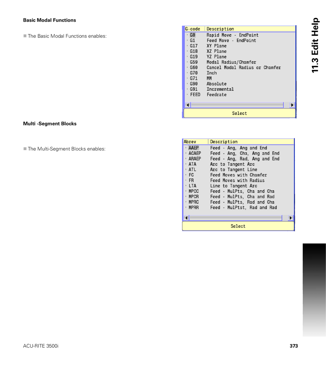 Acu-Rite CNC 3500i user manual Basic Modal Functions, Multi -Segment Blocks, 373 