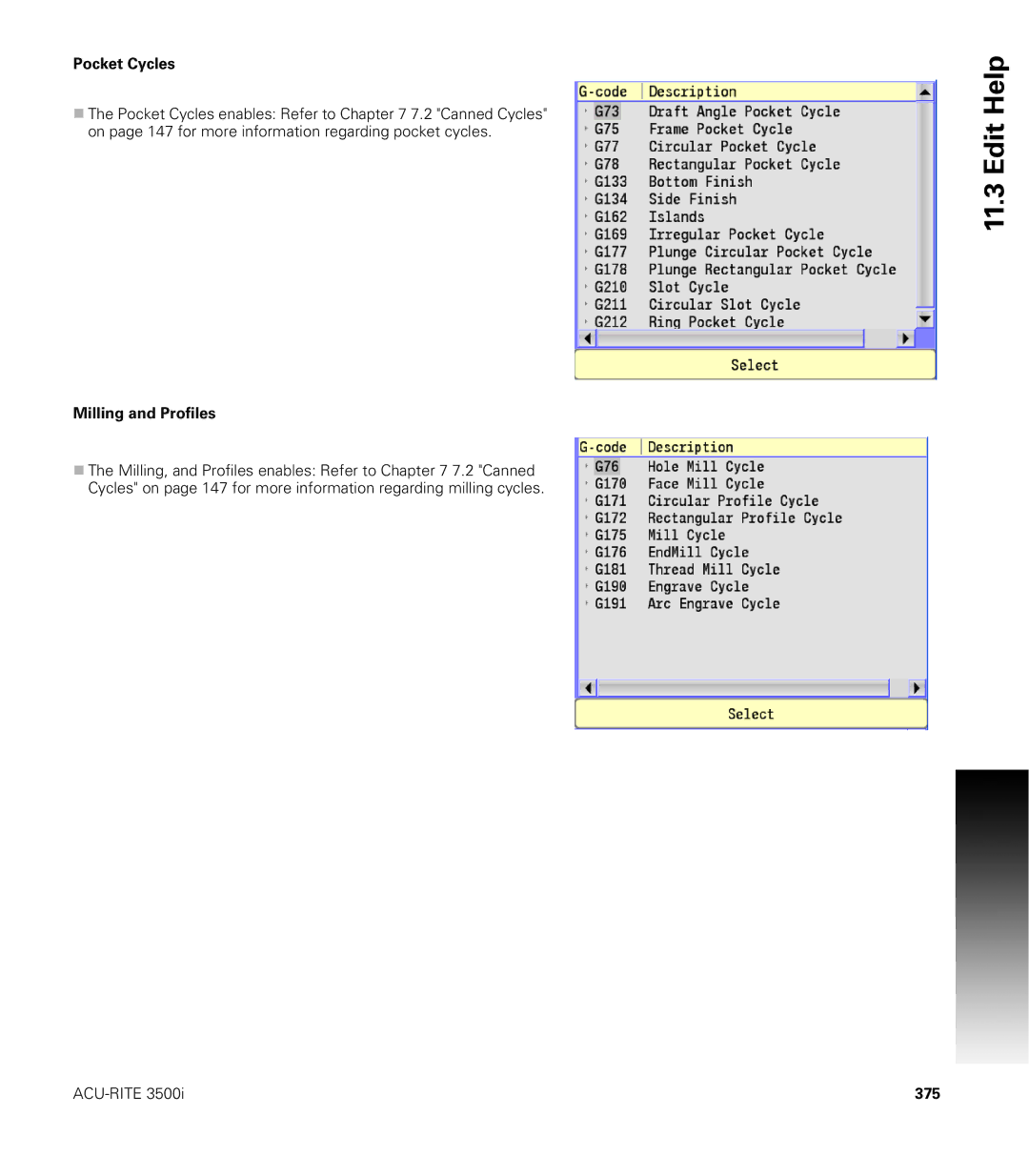 Acu-Rite CNC 3500i user manual Pocket Cycles, Milling and Profiles, 375 