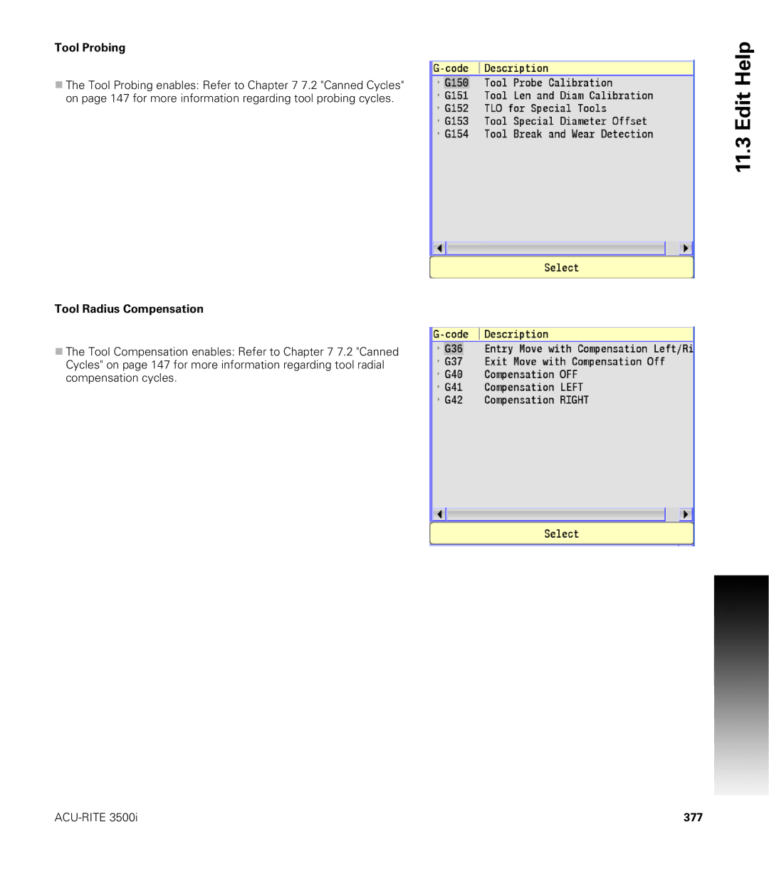 Acu-Rite CNC 3500i user manual Tool Probing, Tool Radius Compensation, 377 