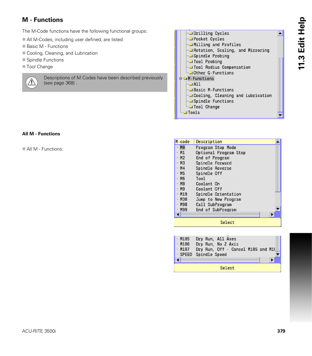 Acu-Rite CNC 3500i user manual All M Functions, 379 