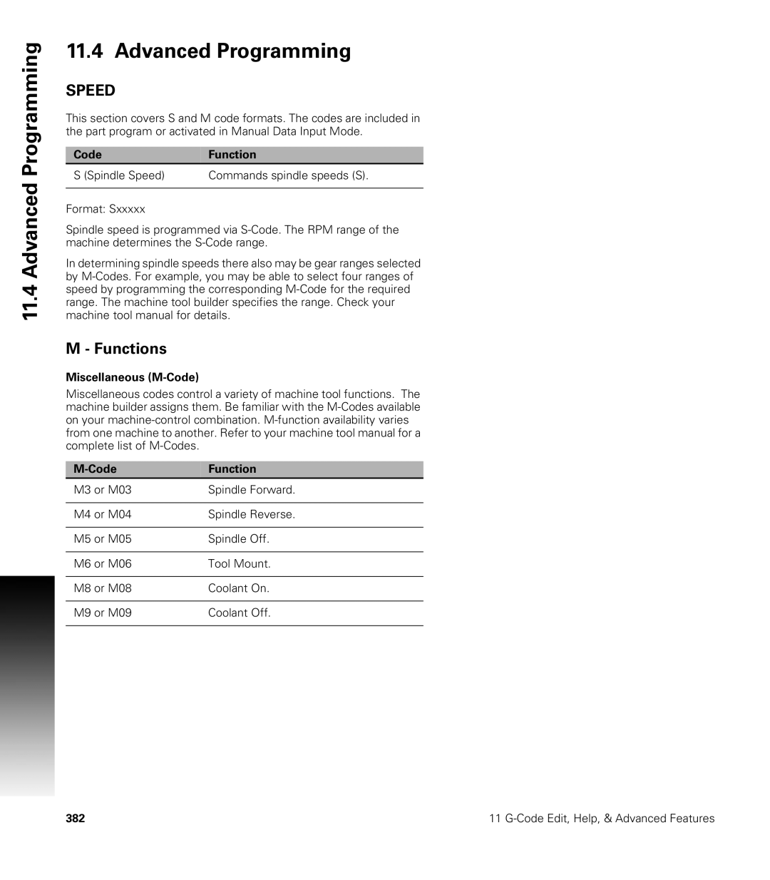 Acu-Rite CNC 3500i Advanced Programming, Code Function Spindle Speed Commands spindle speeds S, Miscellaneous M-Code 