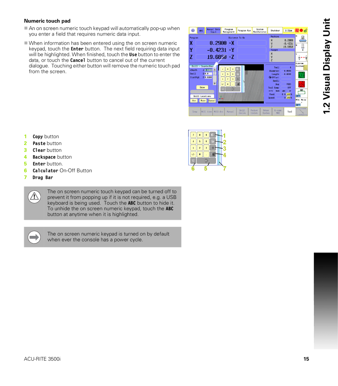 Acu-Rite CNC 3500i user manual Numeric touch pad, Drag Bar 