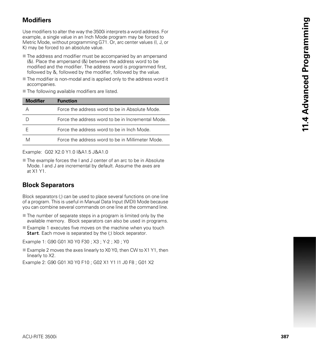 Acu-Rite CNC 3500i user manual Modifiers, Block Separators, Modifier Function, 387 