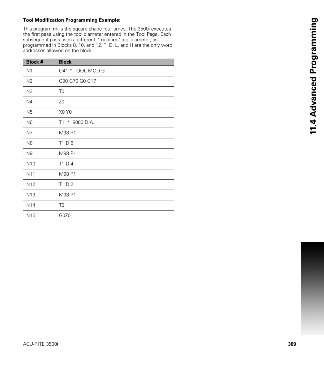 Acu-Rite CNC 3500i user manual Tool Modification Programming Example, Block #, 389 