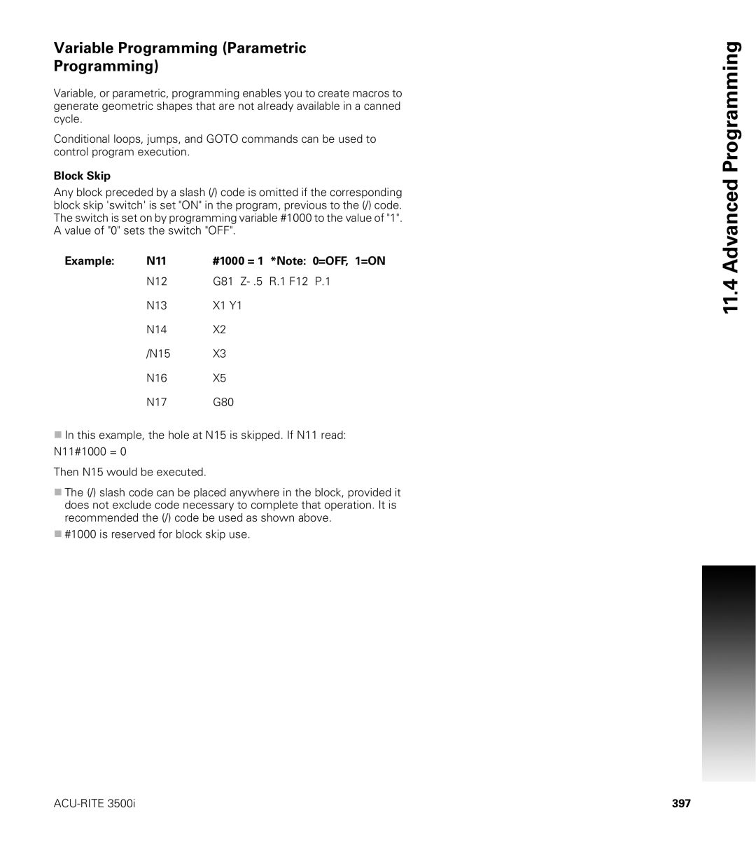 Acu-Rite CNC 3500i user manual Variable Programming Parametric, Block Skip, Example N11 #1000 = 1 *Note 0=OFF, 1=ON, 397 