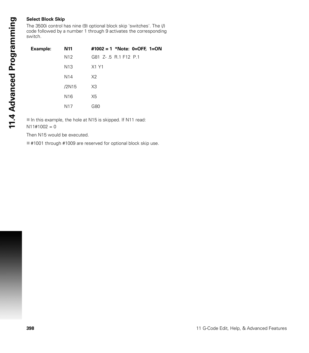 Acu-Rite CNC 3500i user manual Select Block Skip, Example N11 #1002 = 1 *Note 0=OFF, 1=ON 