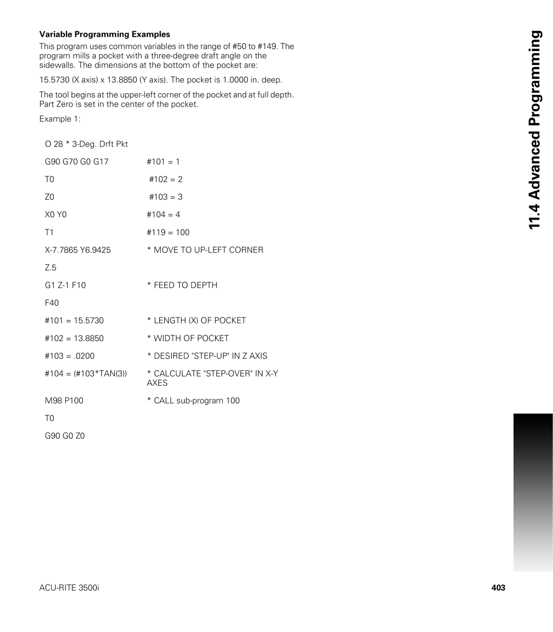 Acu-Rite CNC 3500i user manual Variable Programming Examples, 403 