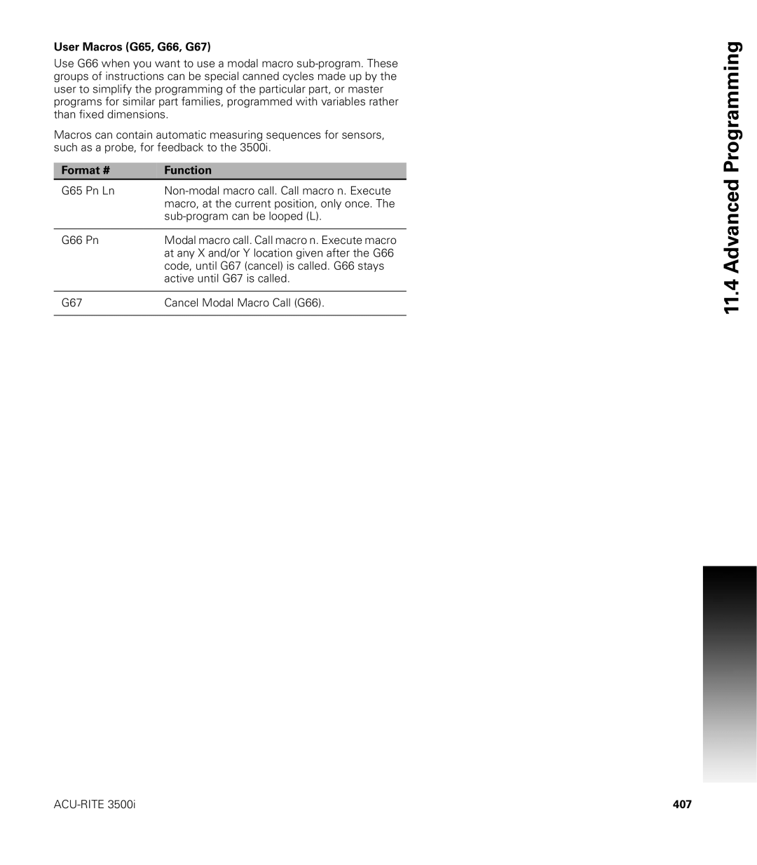 Acu-Rite CNC 3500i user manual User Macros G65, G66, G67, Format # Function, 407 